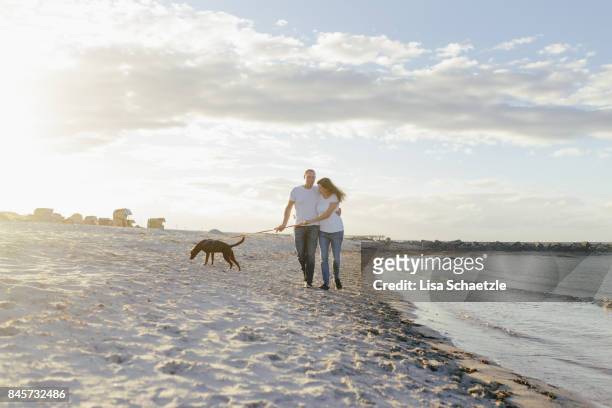 couple with dog walking at the beach - beach sign stock pictures, royalty-free photos & images