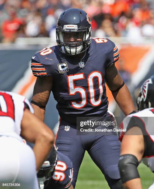 Jerrell Freeman of the Chicago Bears looks over the offense against the Atlanta Falcons during the season opening game at Soldier Field on September...