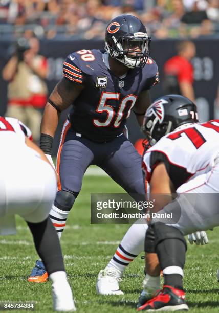 Jerrell Freeman of the Chicago Bears looks over the offense against the Atlanta Falcons during the season opening game at Soldier Field on September...