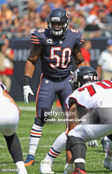 Jerrell Freeman of the Chicago Bears looks over the offense against the Atlanta Falcons during the season opening game at Soldier Field on September...