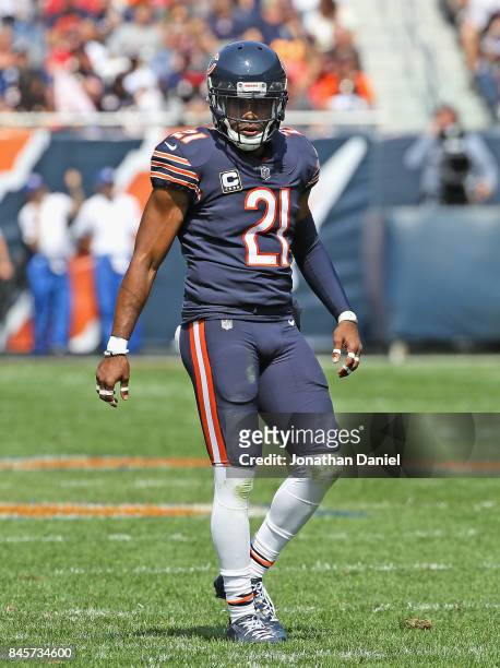 Quintin Demps of the Chicago Bears awaits the snap against the Atlanta Falcons during the season opening game at Soldier Field on September 10, 2017...