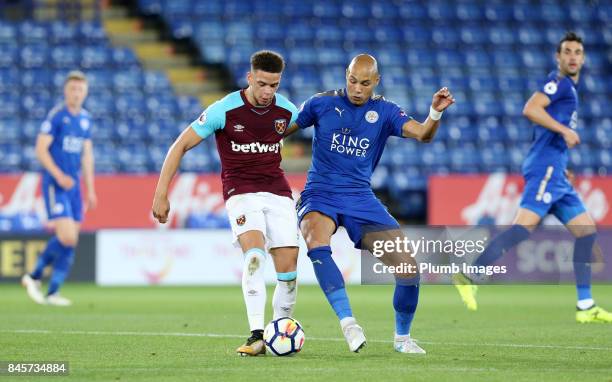 Yohan Benalouane of Leicester City in action with Marcus Browne of West Ham United during the Premier League 2 match between Leicester City and West...