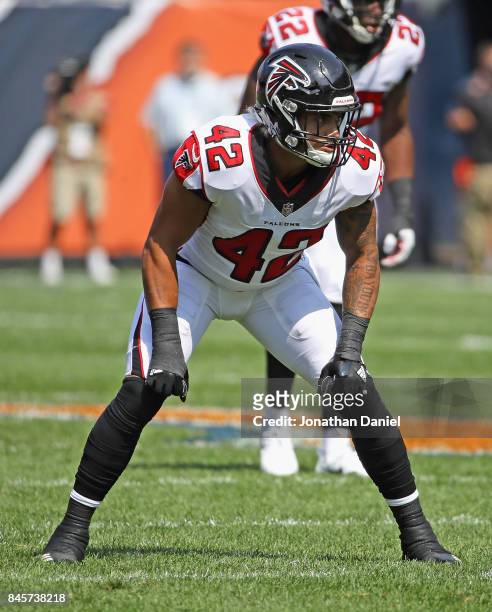 Duke Riley of the Atlanta Falcons awaits the snap against the Chicago Bears during the season opening game at Soldier Field on September 10, 2017 in...