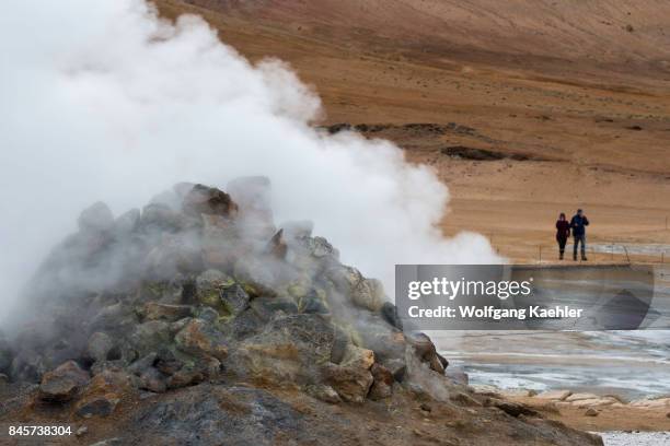 Steaming borehole in the hot spring area named Hverir, east of Mt. Namafjall near Lake Myvatn in Northeast Iceland.