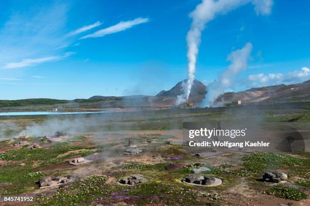 View of the Krafla Geothermic Power Station at Lake Myvatn in Northeast Iceland with underground ovens for rugbrauth which is baked using geothermal...