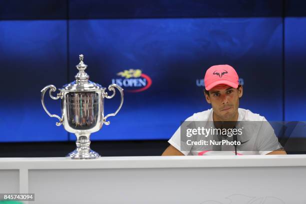 Rafael Nadal of Spain talks during a press conference after defeating Kevin Anderson of South Africa in Men's Singles final match within the 2017 US...