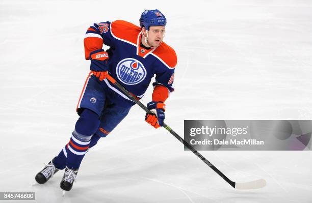 Nikita Nikitin of the Edmonton Oilers plays in the game against the Philadelphia Flyers at Rexall Place on March 21, 2015 in Edmonton, Alberta,...