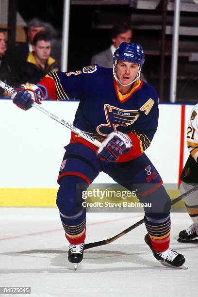 Al MacInnis of the St. Louis Blues skates against the Boston Bruins at TD Banknorth Garden.