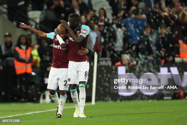 Andre Ayew of West Ham United celebrates after scoring a goal to make it 2-0 during the Premier League match between West Ham United and Huddersfield...