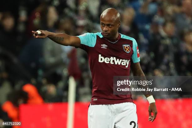 Andre Ayew of West Ham United celebrates after scoring a goal to make it 2-0 during the Premier League match between West Ham United and Huddersfield...