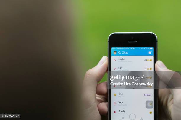 Duelmen, Germany Close-up of the activity protocol of Snapchat, a social media app on a smartphone. Staged picture on August 10, 2017 in Duelmen,...