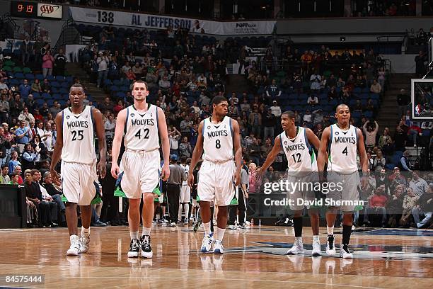 Al Jefferson, Kevin Love, Ryan Gomes, Kevin Ollie and Randy Foye of the Minnesota Timberwolves walk down the court during the game against the...