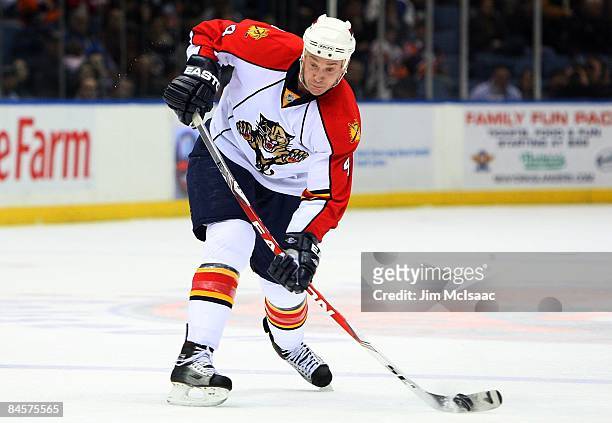 Jay Bouwmeester of the Florida Panthers skates against the New York Islanders on January 31, 2009 at Nassau Coliseum in Uniondale, New York. The...