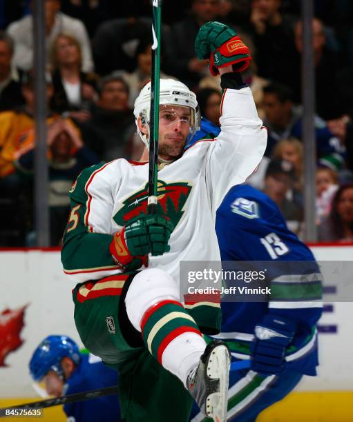 Eric Belanger of the Minnesota Wild celebrates his goal against the Vancouver Canucks during their game at General Motors Place on January 31, 2009...