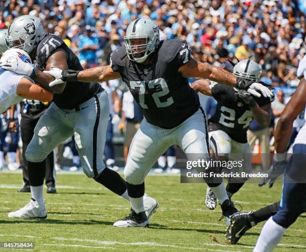 Donald Penn of the Oakland Raiders plays against the Tennessee Titans at Nissan Stadium on September 10, 2017 in Nashville, Tennessee.