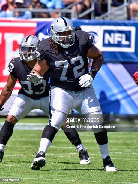 Donald Penn of the Oakland Raiders plays against the Tennessee Titans at Nissan Stadium on September 10, 2017 in Nashville, Tennessee.