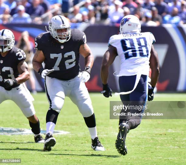 Donald Penn of the Oakland Raiders plays against the Tennessee Titans at Nissan Stadium on September 10, 2017 in Nashville, Tennessee.