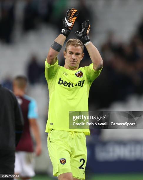 West Ham United's Joe Hart during the Premier League match between West Ham United and Huddersfield Town at London Stadium on September 11, 2017 in...