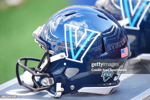 Villanova Wildcats helmet sits on a cart during a college football game between the Temple Owls and the Villanova Wildcats on September 9, 2017 at...