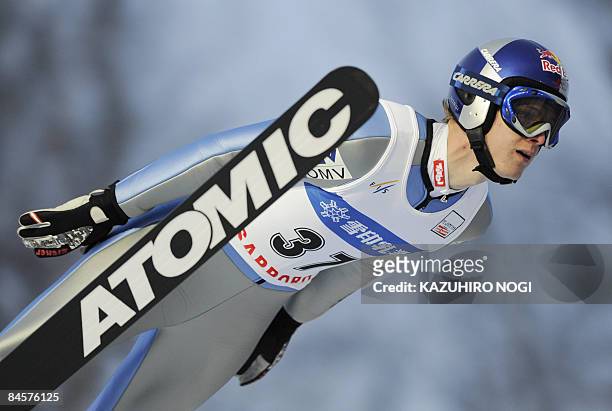 Austria's Thomas Morgenstern soars in the air during the 18th leg World Cup Ski Jumping competition in Sapporo on January 31, 2009. The 19th leg of...