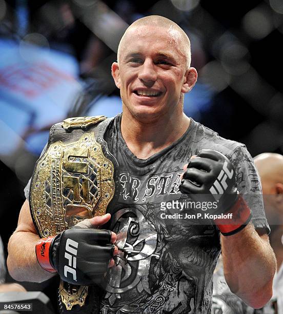 George St-Pierre of Canada celebrates after defeating BJ Penn of USA during the UFC 94 Welterweight Championship bout at the MGM Grand Garden Arena...