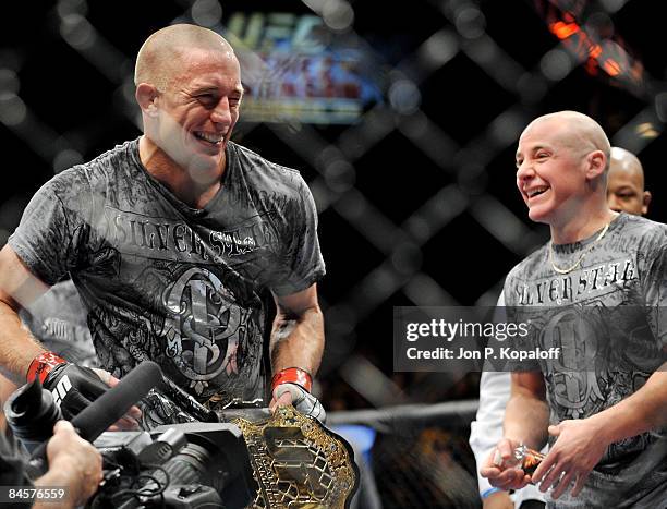 George St-Pierre of Canada celebrates after defeating BJ Penn of USA during the UFC 94 Welterweight Championship bout at the MGM Grand Garden Arena...