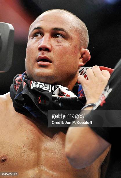 Penn of USA looks dejected after being defeated by George St-Pierre of Canada during the UFC 94 Welterweight Championship bout at the MGM Grand...