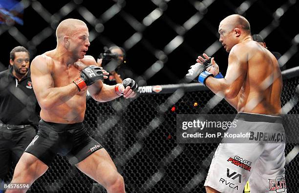 George St-Pierre of Canada battles BJ Penn of USA during the UFC 94 Welterweight Championship bout at the MGM Grand Garden Arena on January 31, 2009...