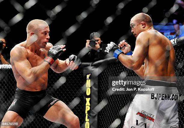 George St-Pierre of Canada battles BJ Penn of USA during the UFC 94 Welterweight Championship bout at the MGM Grand Garden Arena on January 31, 2009...