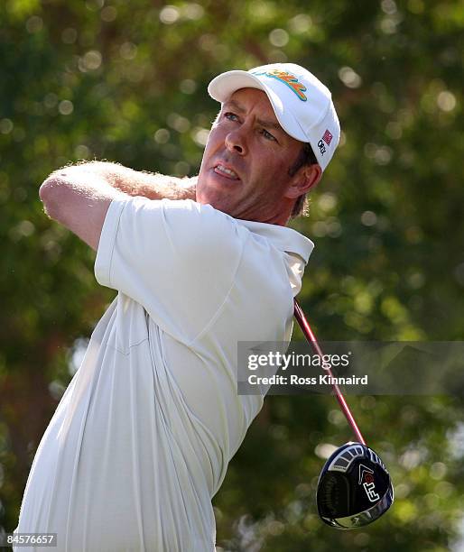 Richard Green of Australia tees off on the par four 6th hole during the of final round of the Dubai Desert Classic played on the Majlis Course on...