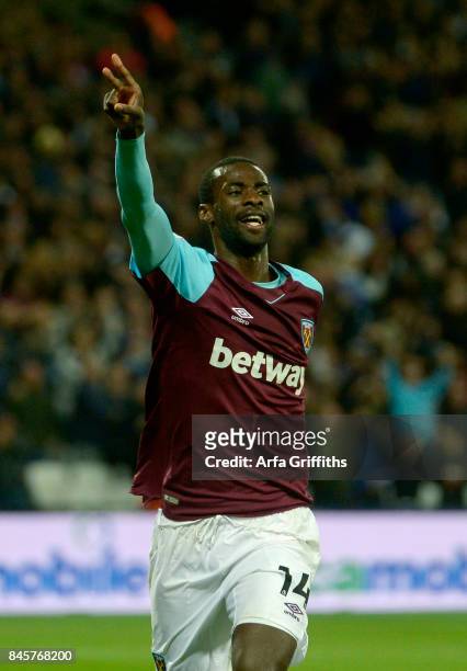 Pedro Obiang of West Ham United celebrates his goal during the Premier League match between West Ham United and Huddersfield Town at London Stadium...