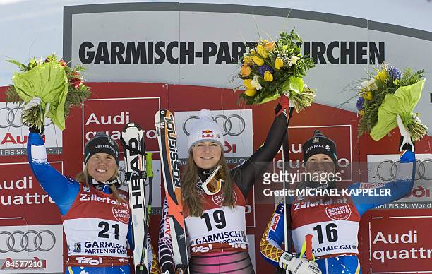 S Lindsey Vonn celebrates winning the women's Super G event of the FIS Alpine Ski World Cup in Garmisch-Partenkirchen, southern Germany, on February...