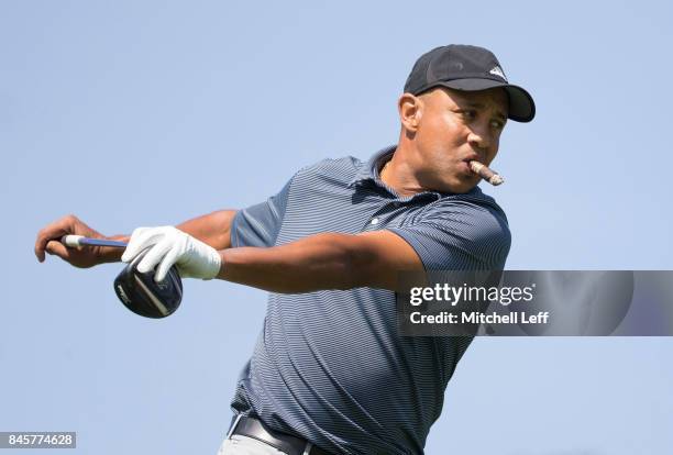 Former NBA player John Starks warms up at the 17th hole The ACE Club on September 11, 2017 in Lafayette Hill, Pennsylvania.