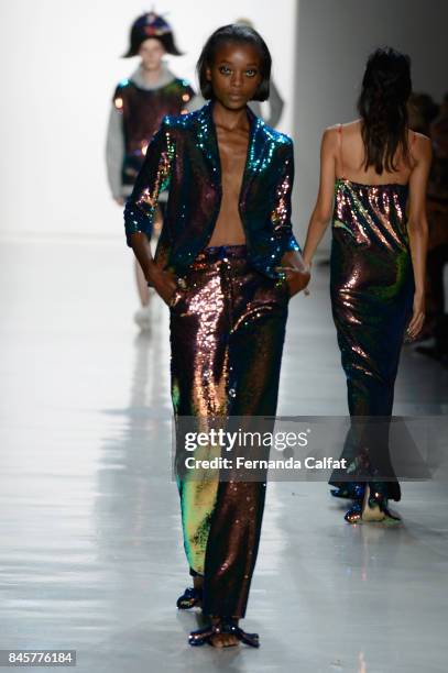 Model walks the runway for Libertine fashion show during New York Fashion Week: The Shows at Gallery 3, Skylight Clarkson Sq on September 11, 2017 in...