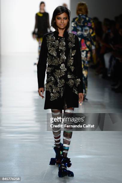 Model walks the runway for Libertine fashion show during New York Fashion Week: The Shows at Gallery 3, Skylight Clarkson Sq on September 11, 2017 in...