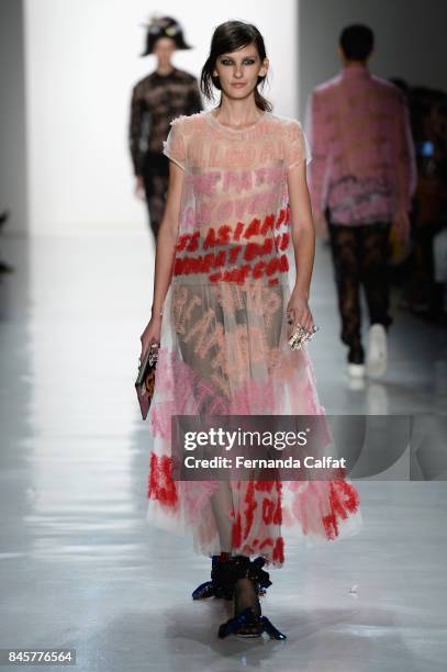 Model walks the runway for Libertine fashion show during New York Fashion Week: The Shows at Gallery 3, Skylight Clarkson Sq on September 11, 2017 in...