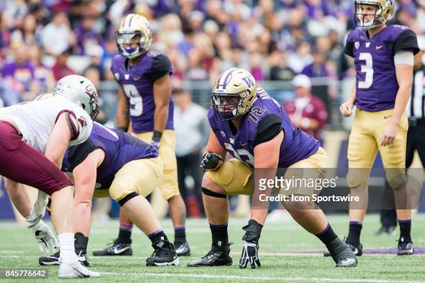 Washington Trey Adams readies in his stance during a college football game between the Washington Huskies and the Montana Grizzlies on September 9,...