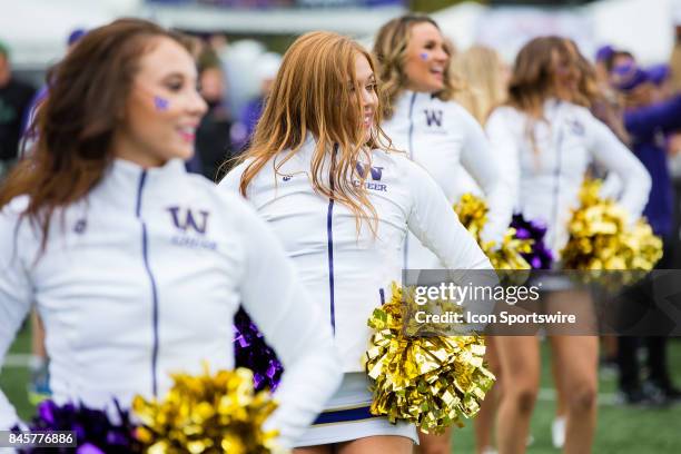 Washington cheerleaders perform before a college football game between the Washington Huskies and the Montana Grizzlies on September 9, 2017 at Husky...