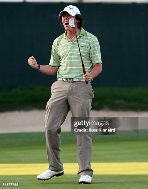 Rory McIlroy of Northern Ireland celebrates after winning the Dubai Desert Classic. The final round of the Dubai Desert Classic played on the Majlis...