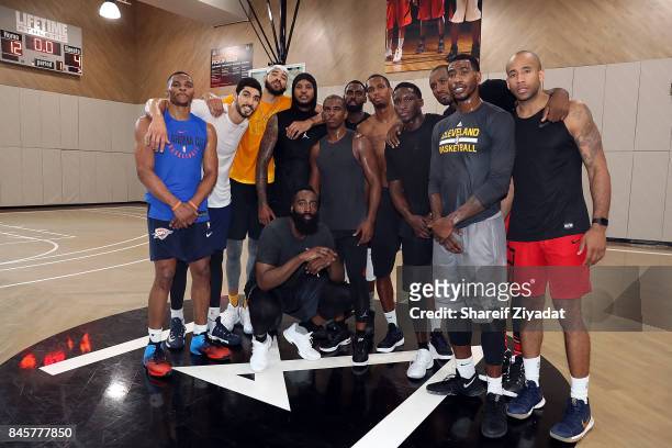 Chris Paul, Carmelo Anthony, Iman Shumpert, Dante Jones and James Harden attend Black Ops Basketball Session at Life Time Athletic At Sky on...