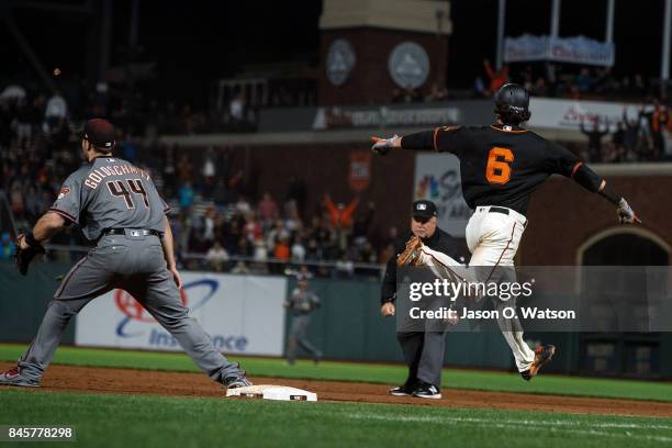 Jarrett Parker of the San Francisco Giants reacts after hitting a walk off single against the Arizona Diamondbacks during the tenth inning at AT&T...