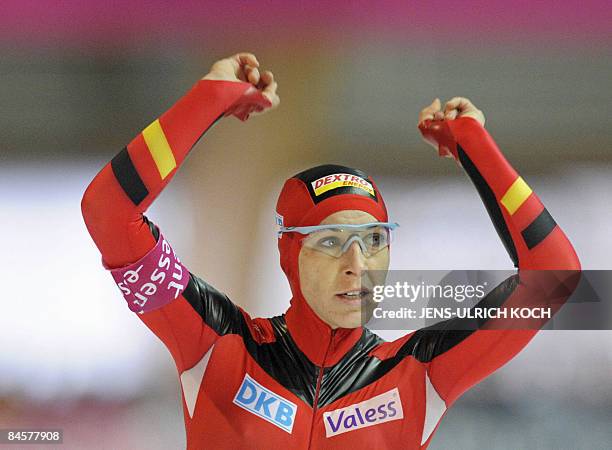 German skater Anni Friesinger celebrates winning the women's 1000m race at the ISU Speed Skating World Cup on February 1, 2009 in the eastern German...