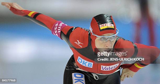 German skater Anni Friesinger competes to win the women's 1000m race at the ISU Speed Skating World Cup on February 1, 2009 in the eastern German...