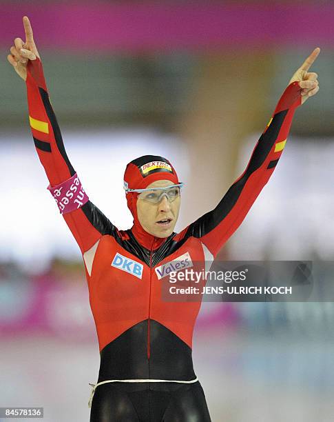 Corrects 2nd and 3rd places. German skater Anni Friesinger celebrates winning the women's 1000m race at the ISU Speed Skating World Cup on February...