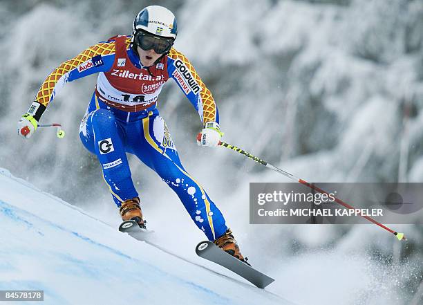 Sweden's Jessica Lindell-Vikarby competes to place 3rd in the women's Super G event of the FIS Alpine Ski World Cup in Garmisch-Partenkirchen,...