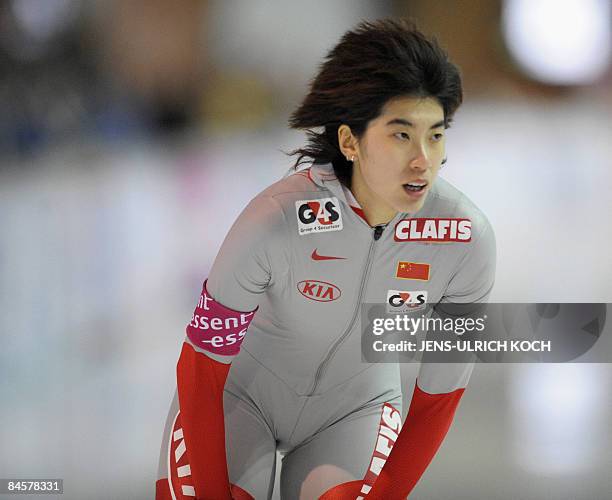 China�s Peiyu Jin competes to place 3rd in the women's 1000m race at the ISU Speed Skating World Cup on February 1, 2009 in the eastern German town...