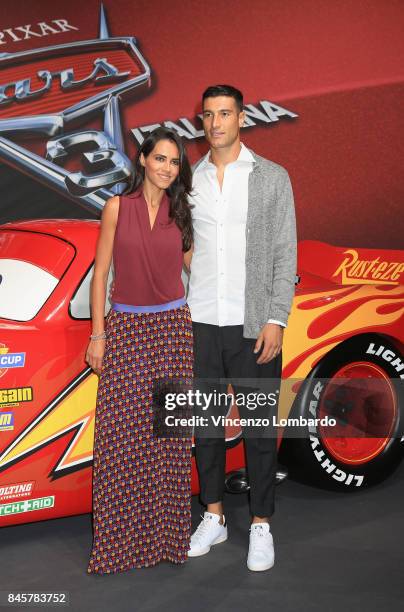 Federico Peluso and Sara Piccinini attend Cars 3 photocall in Milan on September 11, 2017 in Milan, Italy.