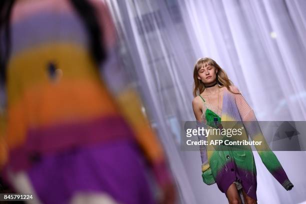 Danish actress Klara Kristin present a creation by Zadig & Voltaire during the New York Fashion Week on September 11 in New York. / AFP PHOTO / Jewel...