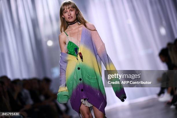 Danish actress Klara Kristin presents a creation by Zadig & Voltaire during the New York Fashion Week on September 11 in New York. / AFP PHOTO /...