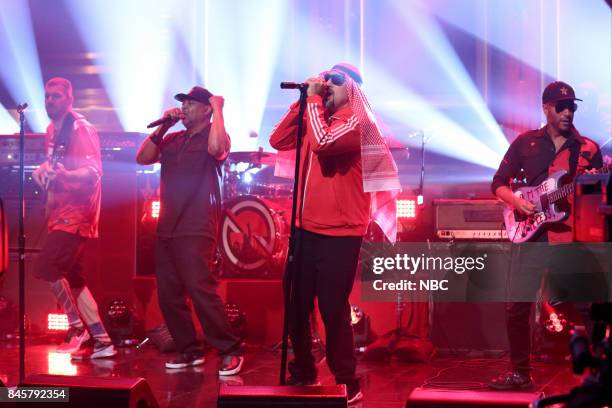 Episode 0734 -- Pictured: Tim Commerford, Chuck D, B-Real and Tom Morello of musical guest Prophets of Rage on September 11, 2017 --